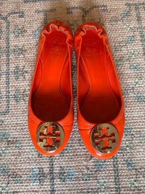 Tory Burch Orange Patent Leather Logo Ballet Flats